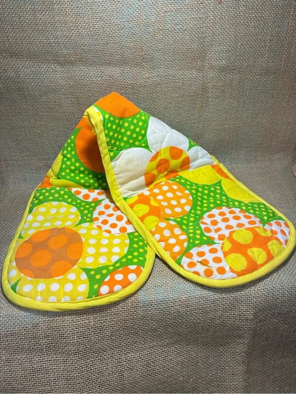 Handmade Bright Retro Flowers 2 hand pot holders - Yellow Orange Green